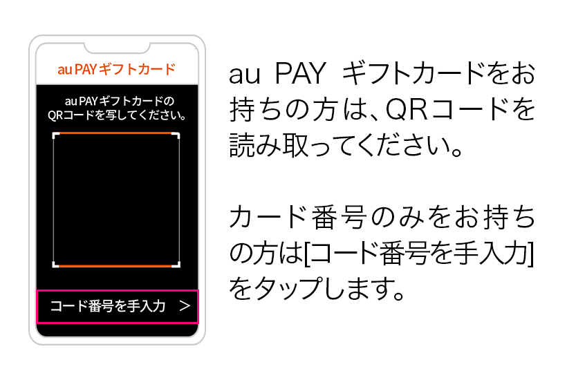 au PAY ギフトカードをお持ちの方は、QRコードを読み取ってください。カード番号のみをお持ちの方は[コード番号を手入力]をタップします。