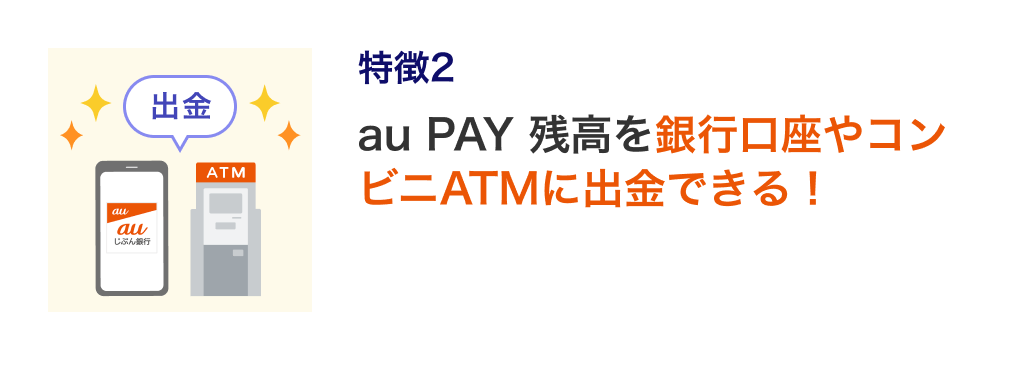 特長2：au PAY 残高を銀行口座やコンビニATMに出金できる！
